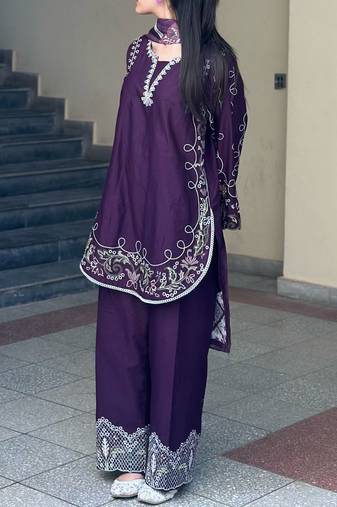 Purple french crepe embroidered kurti palazzo set with printed dupatta