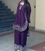 Purple french crepe embroidered kurti palazzo set with printed dupatta
