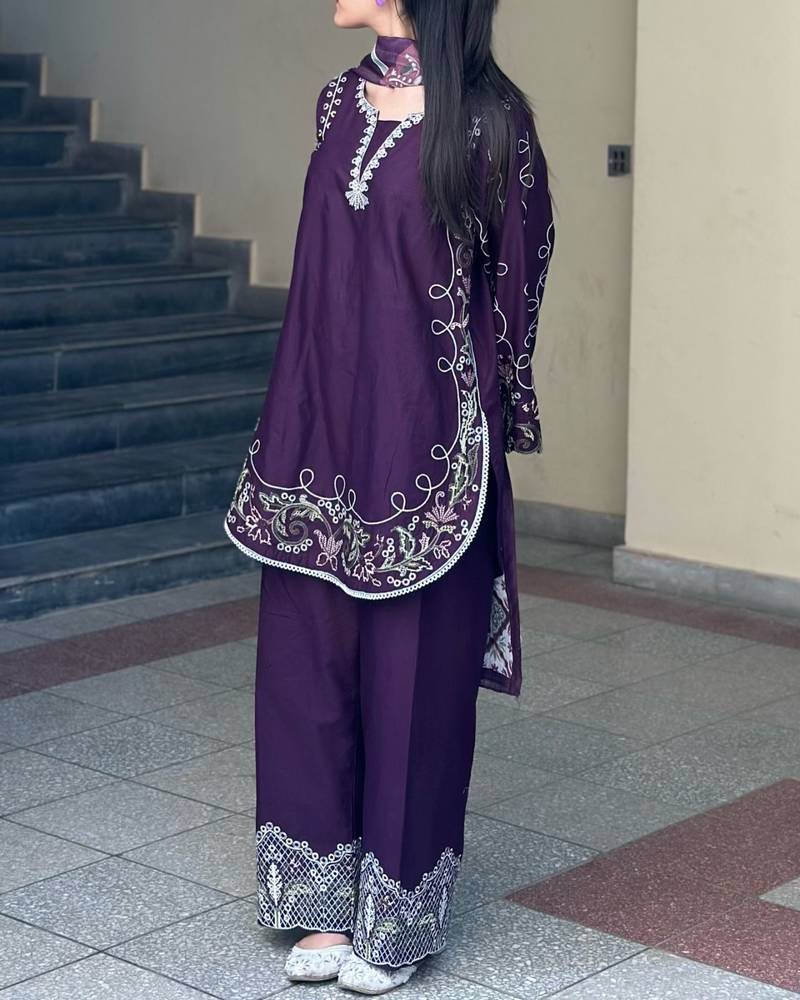 Purple french crepe embroidered kurti palazzo set with printed dupatta