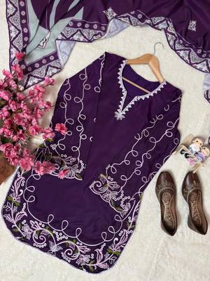 Purple french crepe embroidered kurti palazzo set with printed dupatta 2