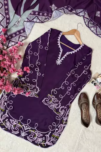 Purple french crepe embroidered kurti palazzo set with printed dupatta