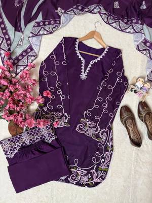 Purple french crepe embroidered kurti palazzo set with printed dupatta 3
