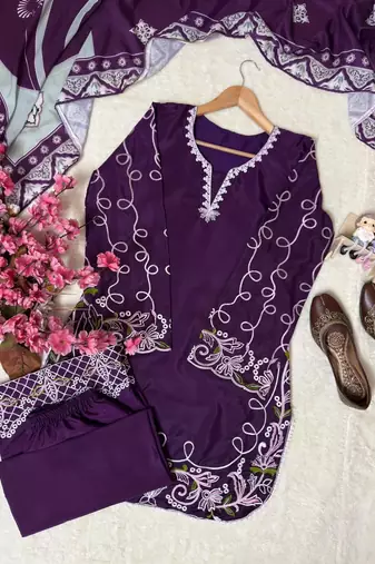 Purple french crepe embroidered kurti palazzo set with printed dupatta
