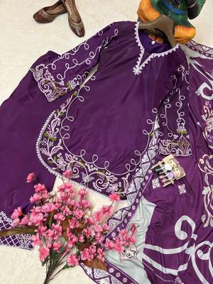 Purple french crepe embroidered kurti palazzo set with printed dupatta 4