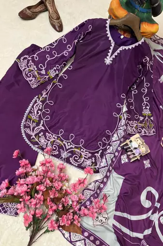 Purple french crepe embroidered kurti palazzo set with printed dupatta