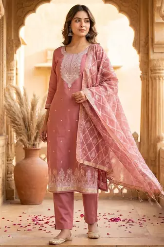 Rose colour muga cotton jamdani pichwai weaving dress material set