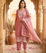 Rose colour muga cotton jamdani pichwai weaving dress material set