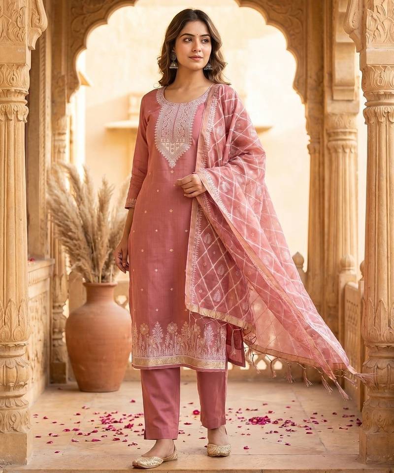Rose colour muga cotton jamdani pichwai weaving dress material set