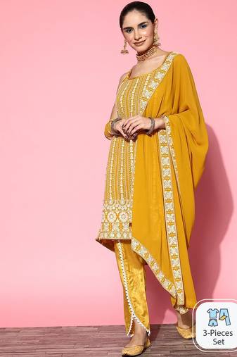 Ethnic motifs embroidered sequinned sleeveless kurta with trouser & dupatta set