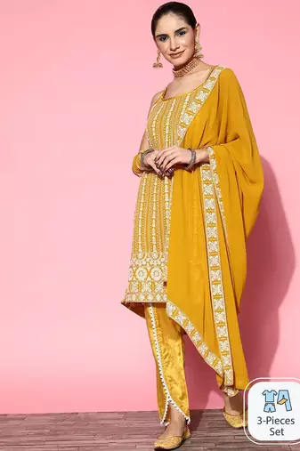 Ethnic motifs embroidered sequinned sleeveless kurta with trouser & dupatta set