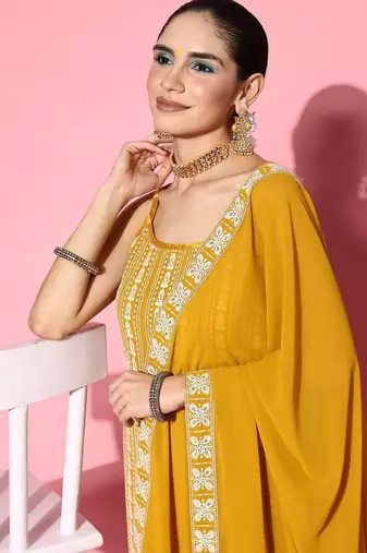 Ethnic motifs embroidered sequinned sleeveless kurta with trouser & dupatta set