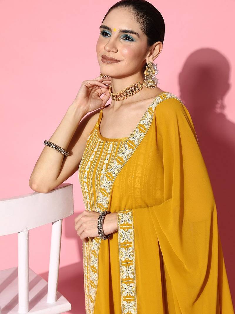 Ethnic motifs embroidered sequinned sleeveless kurta with trouser & dupatta set