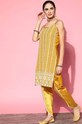 Ethnic motifs embroidered sequinned sleeveless kurta with trouser & dupatta set