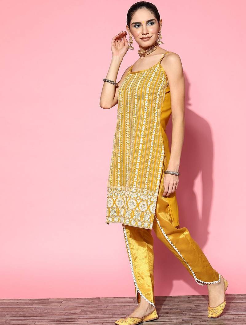Ethnic motifs embroidered sequinned sleeveless kurta with trouser & dupatta set