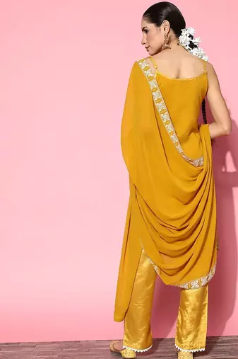 Ethnic motifs embroidered sequinned sleeveless kurta with trouser & dupatta set