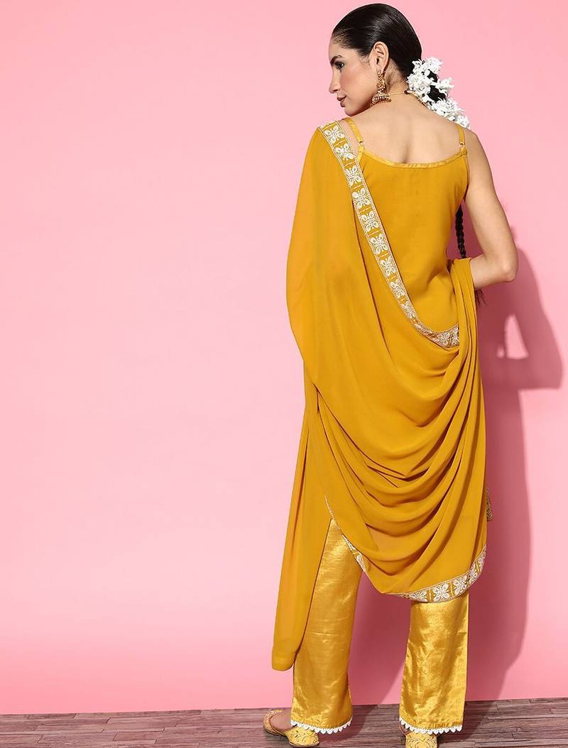 Ethnic motifs embroidered sequinned sleeveless kurta with trouser & dupatta set