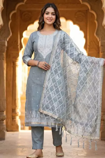Grey colour muga cotton jamdani pichwai weaving dress material set