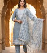 Grey colour muga cotton jamdani pichwai weaving dress material set