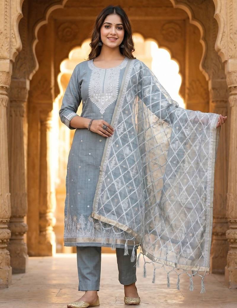 Grey colour muga cotton jamdani pichwai weaving dress material set