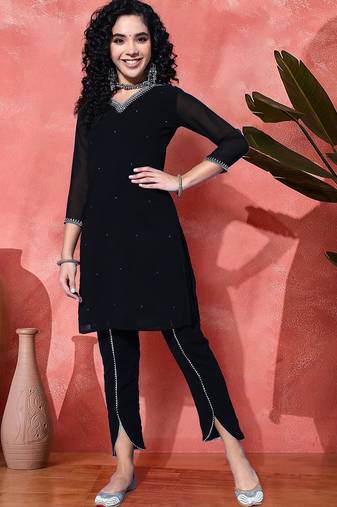 Sequence floral embroidered georgette v-neck straight kurta with trousers