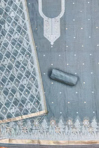 Grey colour muga cotton jamdani pichwai weaving dress material set