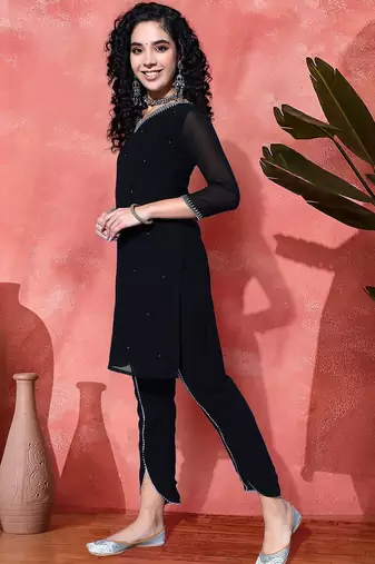 Sequence floral embroidered georgette v-neck straight kurta with trousers