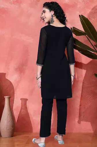 Sequence floral embroidered georgette v-neck straight kurta with trousers
