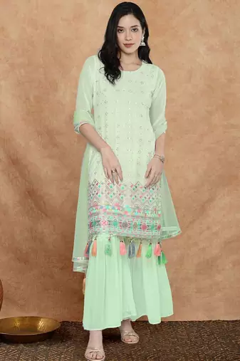Women sequin embroidered tassel-detail straight kurta & sharara with dupatta