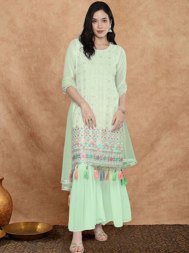 Women sequin embroidered tassel-detail straight kurta & sharara with dupatta