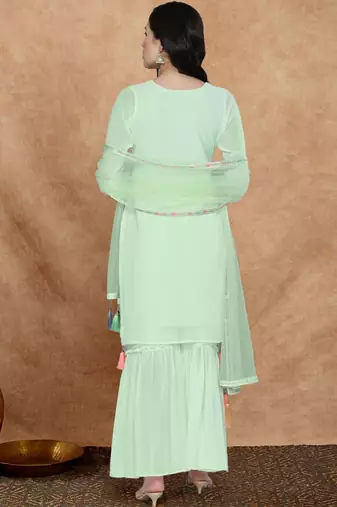 Women sequin embroidered tassel-detail straight kurta & sharara with dupatta