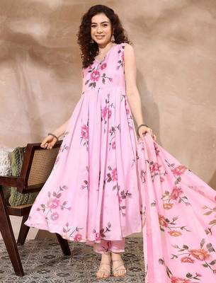 Floral printed organza a-line kurta with trousers & dupatta 1