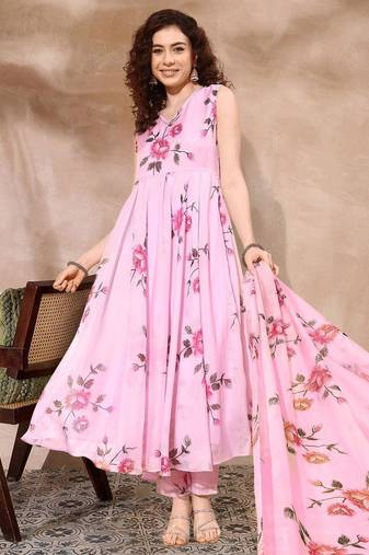 Floral printed organza a-line kurta with trousers & dupatta