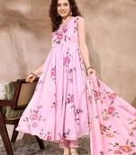 Floral printed organza a-line kurta with trousers & dupatta