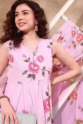 Floral printed organza a-line kurta with trousers & dupatta