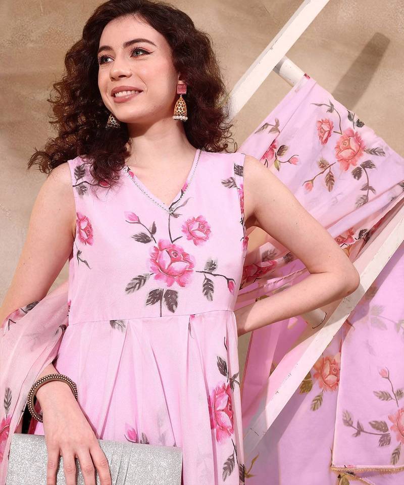 Floral printed organza a-line kurta with trousers & dupatta