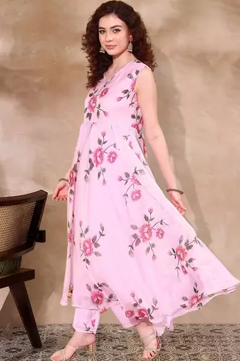 Floral printed organza a-line kurta with trousers & dupatta