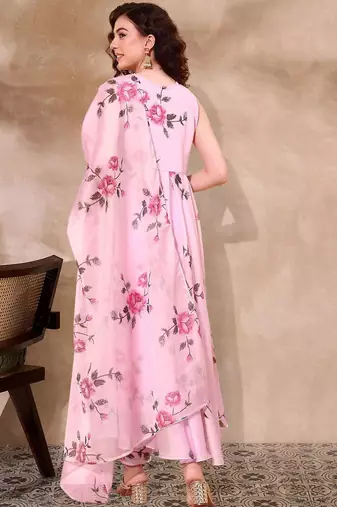 Floral printed organza a-line kurta with trousers & dupatta