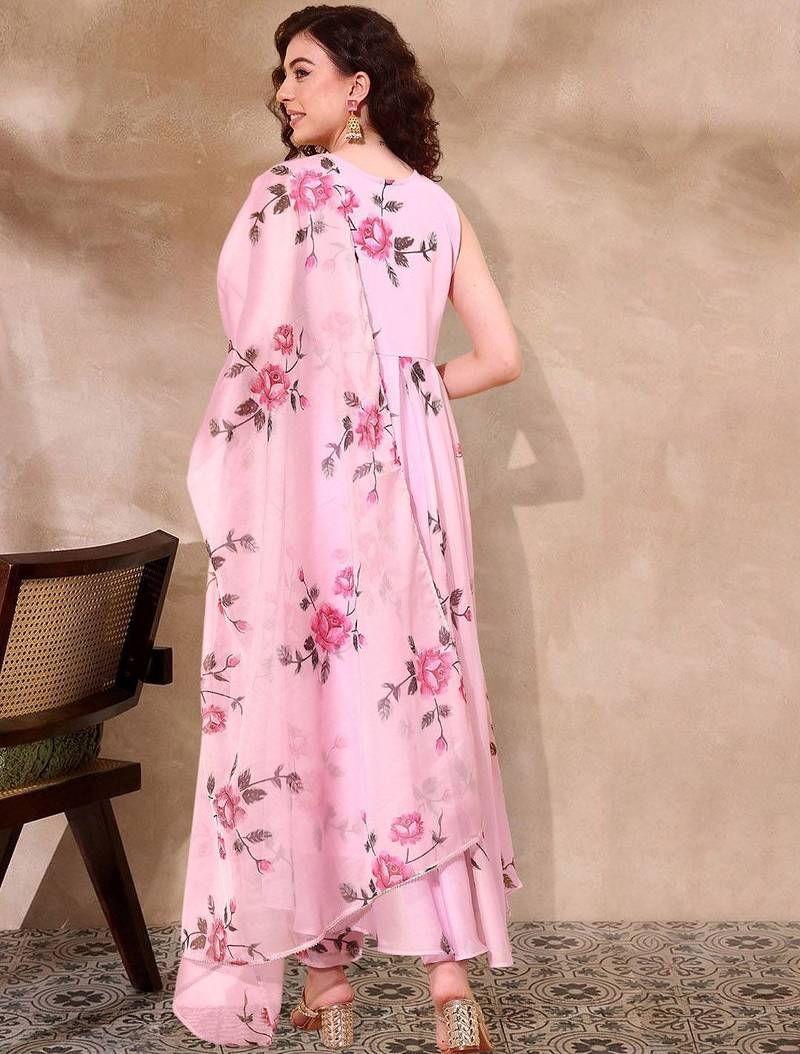 Floral printed organza a-line kurta with trousers & dupatta