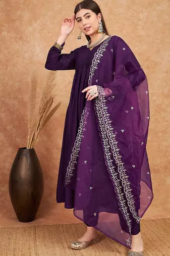 Purple v- neck empire a-line kurta & trousers with dupatta