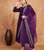 Purple v- neck empire a-line kurta & trousers with dupatta