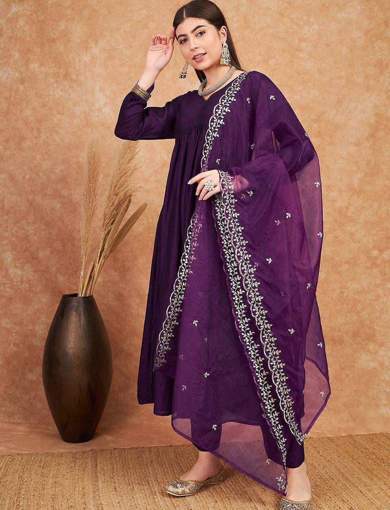 Purple v- neck empire a-line kurta & trousers with dupatta