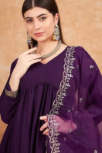 Purple v- neck empire a-line kurta & trousers with dupatta
