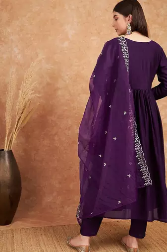 Purple v- neck empire a-line kurta & trousers with dupatta