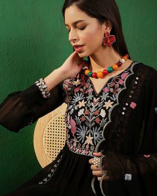 V neck floral embroidered a line kurta with palazzos & dupatta 2