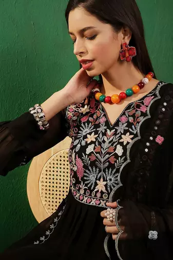 V neck floral embroidered a line kurta with palazzos & dupatta