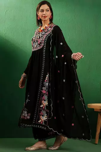 V neck floral embroidered a line kurta with palazzos & dupatta