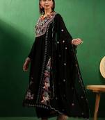V neck floral embroidered a line kurta with palazzos & dupatta