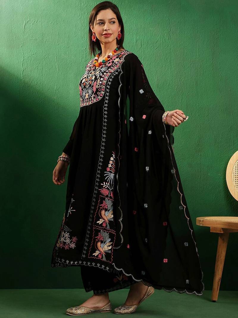 V neck floral embroidered a line kurta with palazzos & dupatta