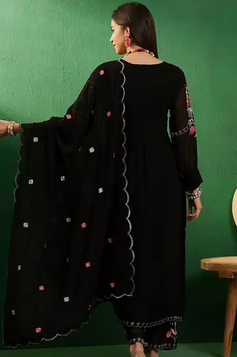 V neck floral embroidered a line kurta with palazzos & dupatta