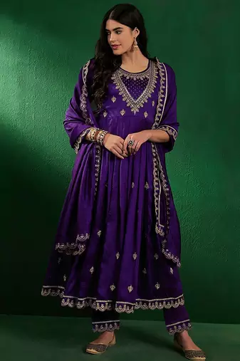 Embroidered zardosi zari sequined silk blend a-line kurta with pant & dupatta